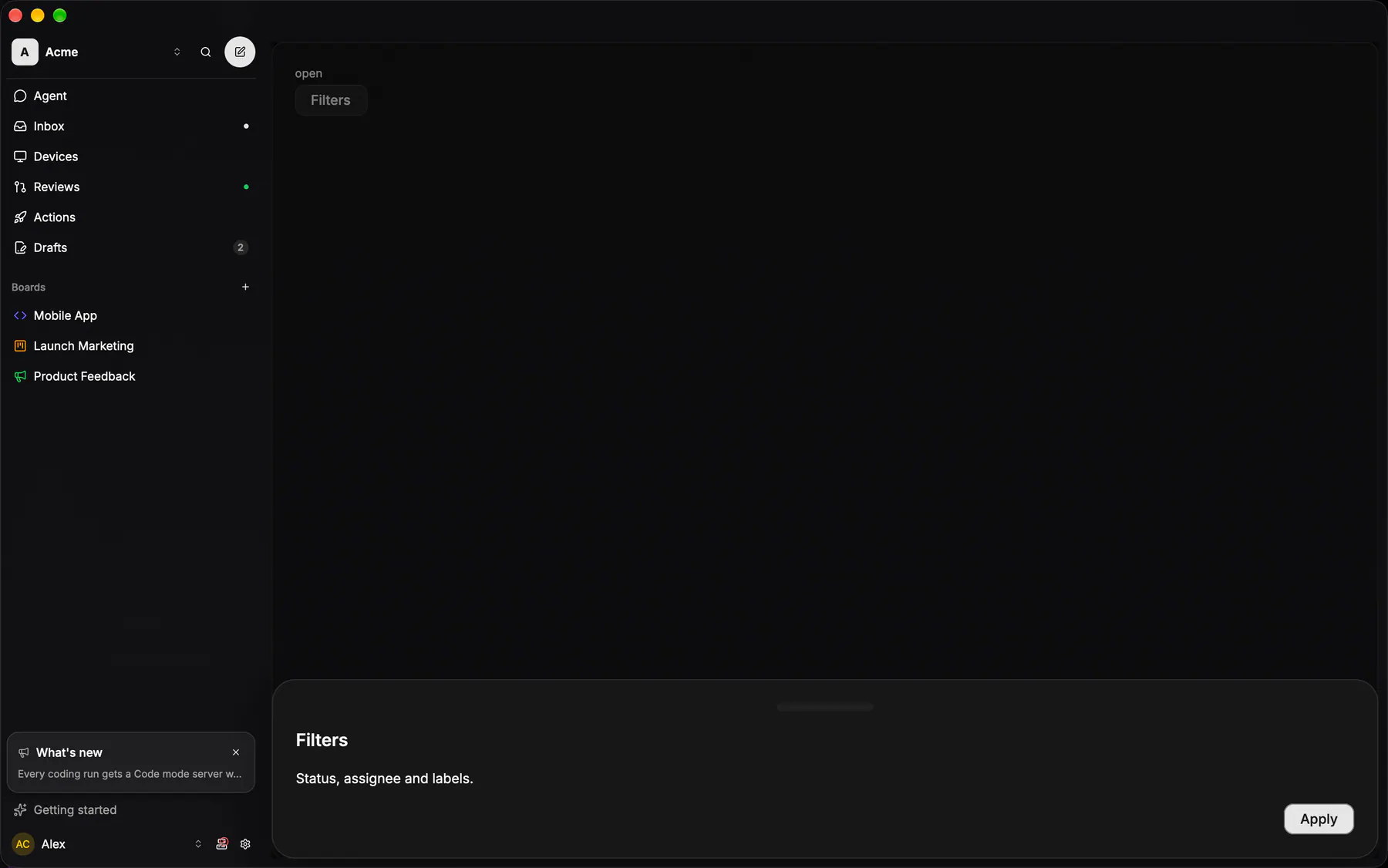 Drawer rendered by the gpui renderer on Desktop